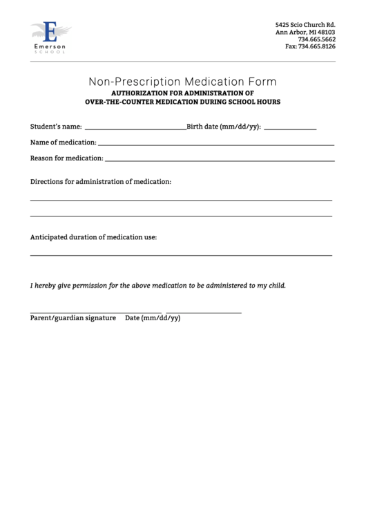 Non-Prescription Medication Form Printable pdf