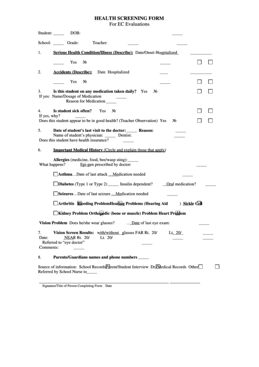 Health Screening Form For Ec Evaluations Printable pdf