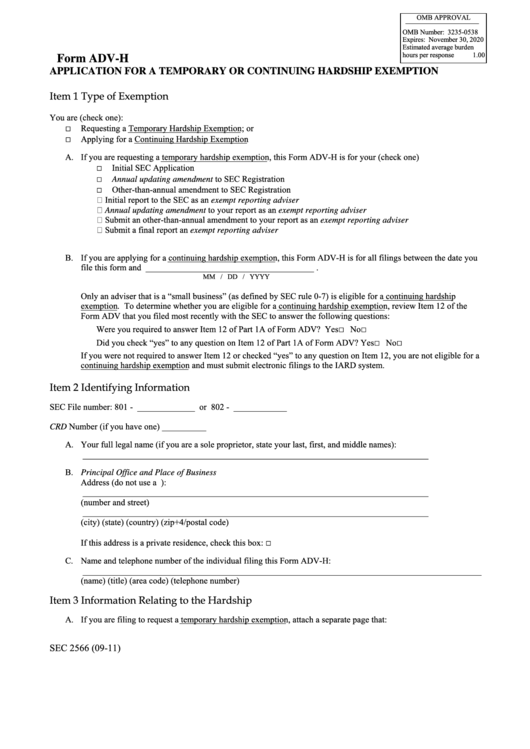 Fillable Form Adv-H - Application For A Temporary Or Continuing Hardship Exemption Printable pdf