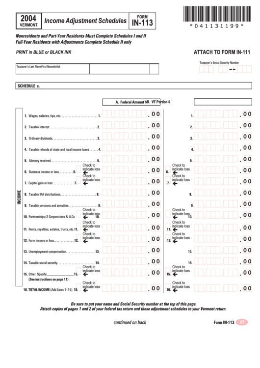 Form In-113 - Vermont Income Adjustment Schedules - 2004 Printable pdf