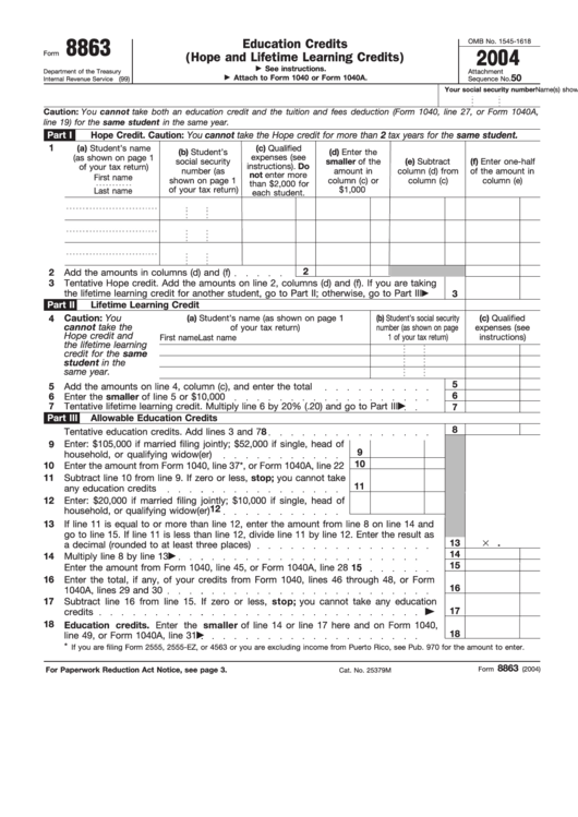 Fillable Form 8863 - Education Credits (Hope And Lifetime Learning Credits) - 2004 Printable pdf