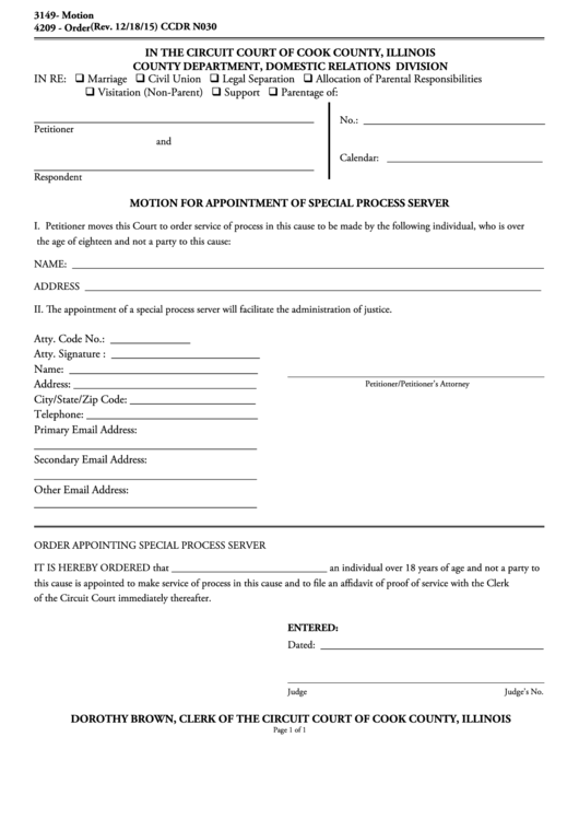 Fillable Form Ccdr N030 - Motion For Appointment Of Special Process Server - Circuit Court Of Cook County, Illinois Printable pdf