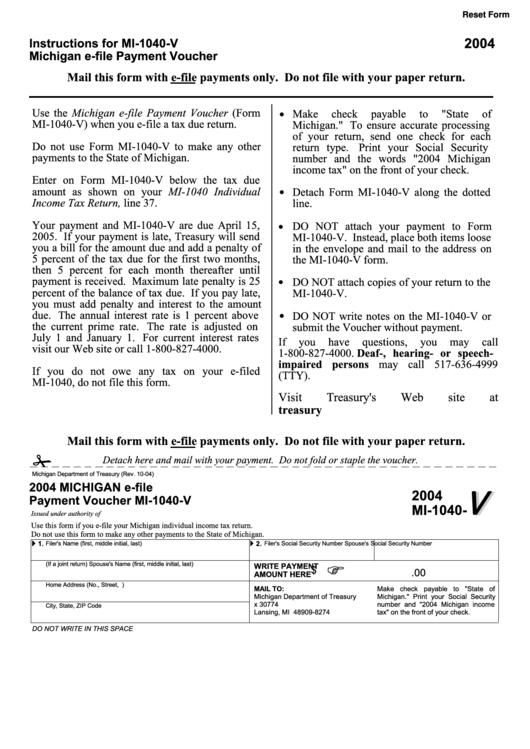 Fillable Form Mi-1040-V - Michigan E-File Payment Voucher - 2004 Printable pdf