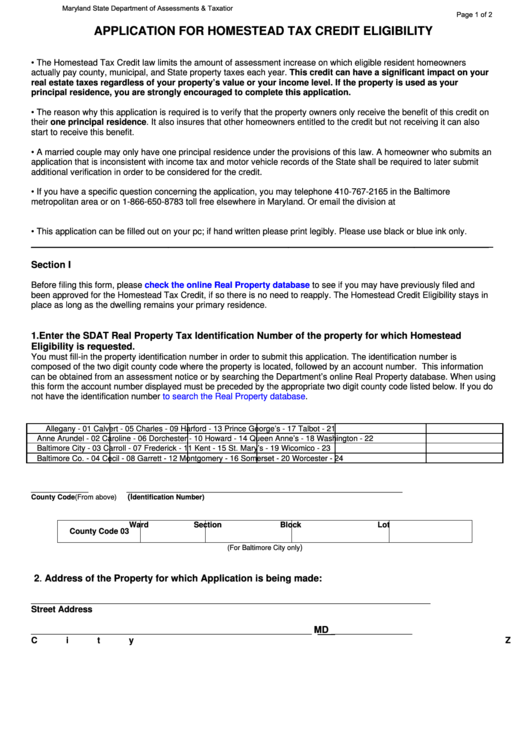 Fillable Application For Homestead Tax Credit Eligibility - Maryland Department Of Assessments & Taxation Printable pdf