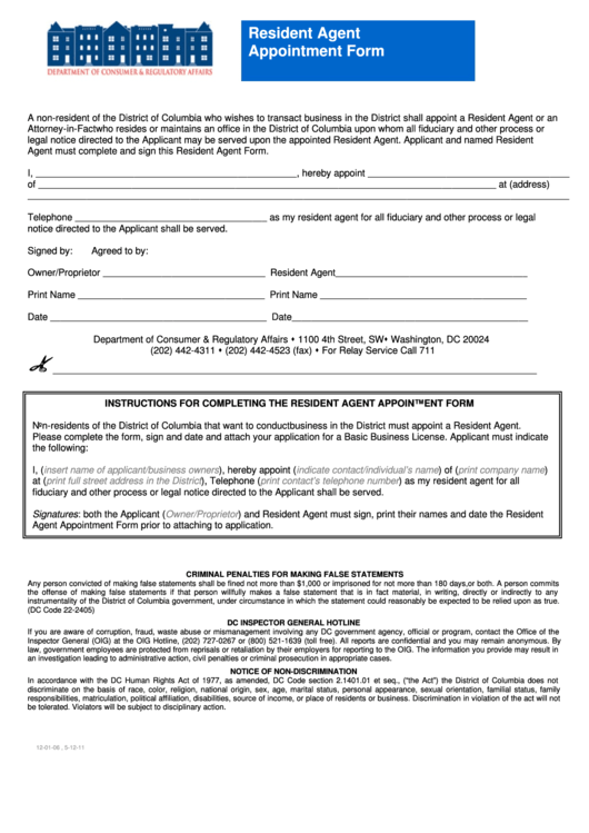 Resident Agent Appointment Form - Department Of Consumer & Regulatory Affairs Printable pdf