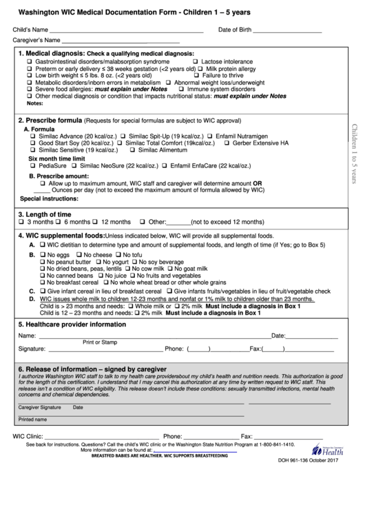 Form Doh 961-136 - Washington Wic Medical Documentation Form For Children 1-5 Years Printable pdf