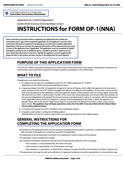Fillable Form Op-1(Nna) - Application For U.s. Department Of Transportation (Usdot) Registration By Non-North America-Domiciled Motor Carriers Printable pdf