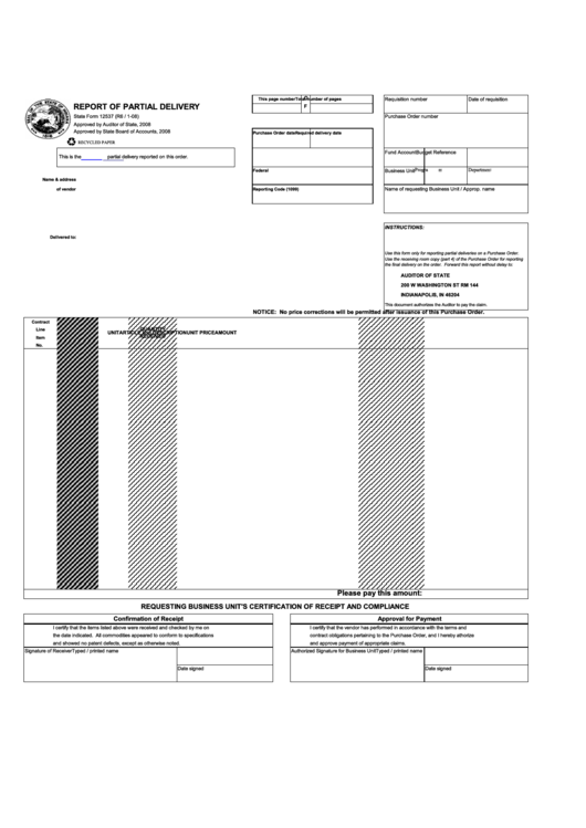 Fillable State Form 12537 - Report Of Partial Delivery Printable pdf