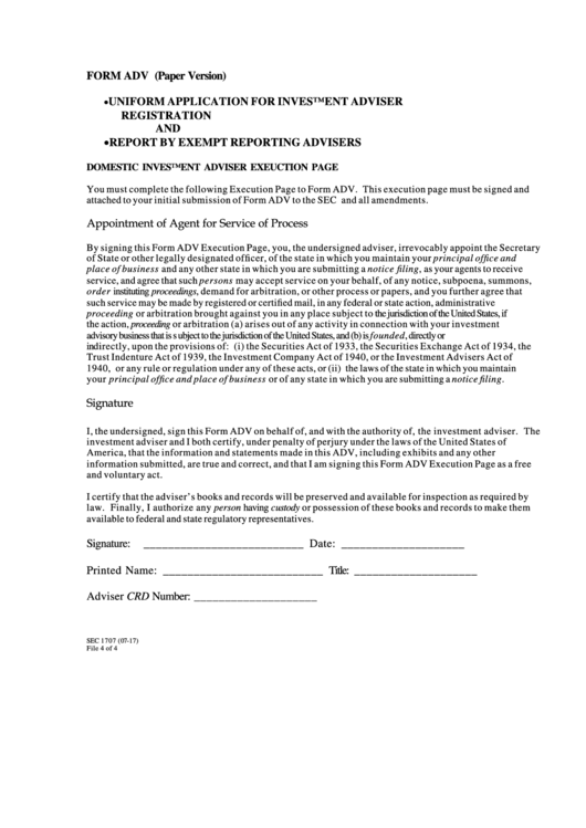 Form Adv (Paper Version) - Uniform Application For Investment Adviser Registration And Report By Exempt Reporting Advisers Printable pdf