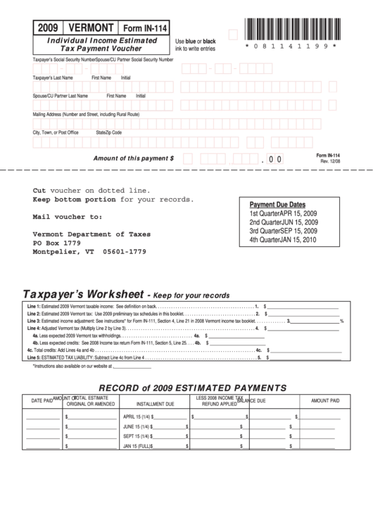 Form In-114 - Individual Income Estimated Tax Payment Voucher - 2009 Printable pdf