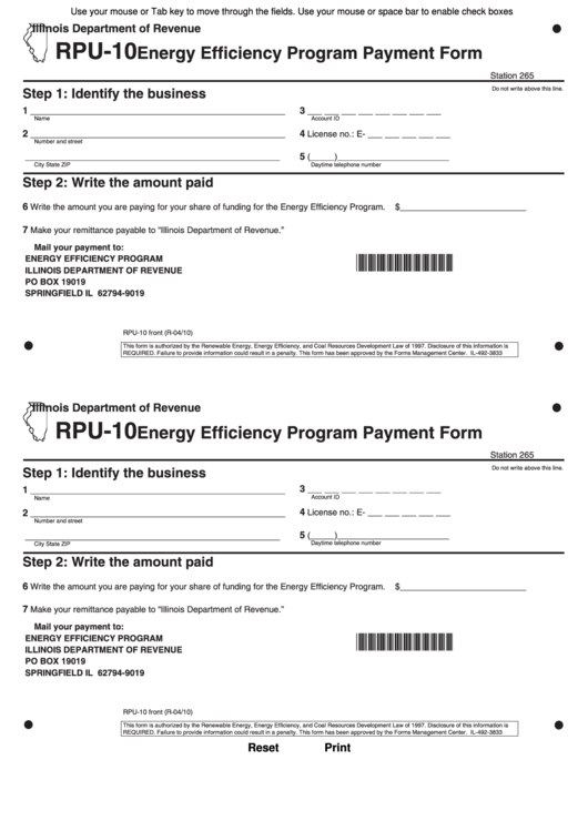 Fillable Form Rpu-10 - Energy Efficiency Program Payment Form Printable pdf