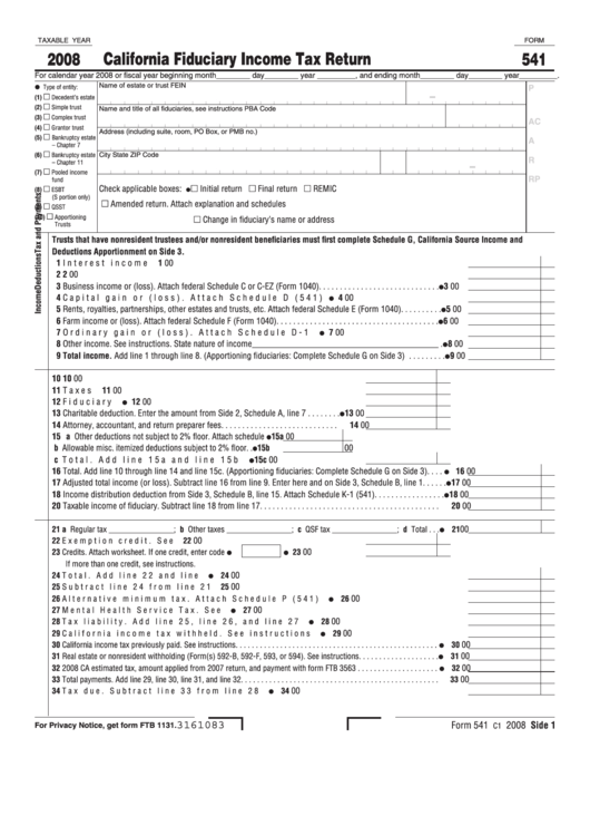Fillable Form 541 - California Fiduciary Income Tax Return - 2008 Printable pdf