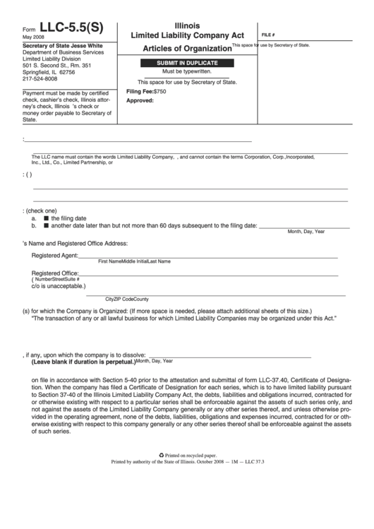 Fillable Form Llc-5.5(S) - Illinois Limited Liability Company Act - Articles Of Organization Printable pdf