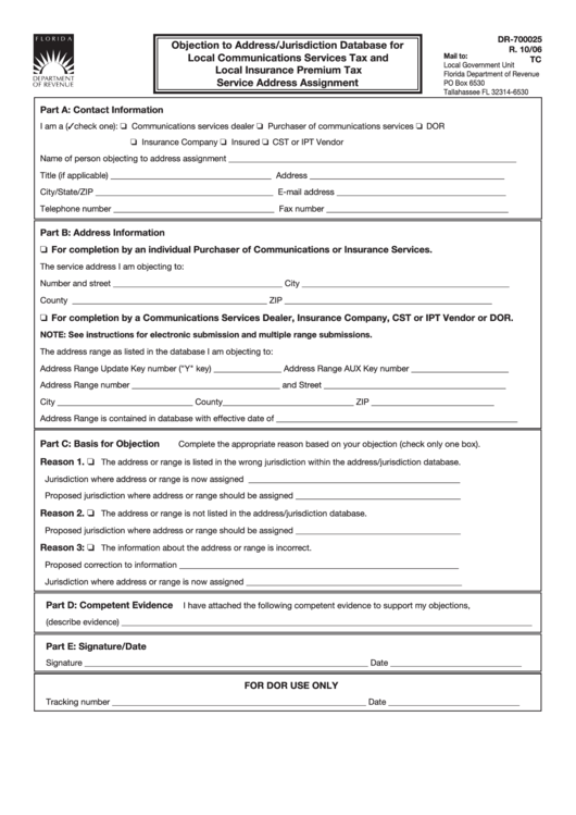 Form Dr-700025 - Objection To Address/jurisdiction Database For Local Communications Services Tax And Local Insurance Premium Tax Service Address Assignment Printable pdf