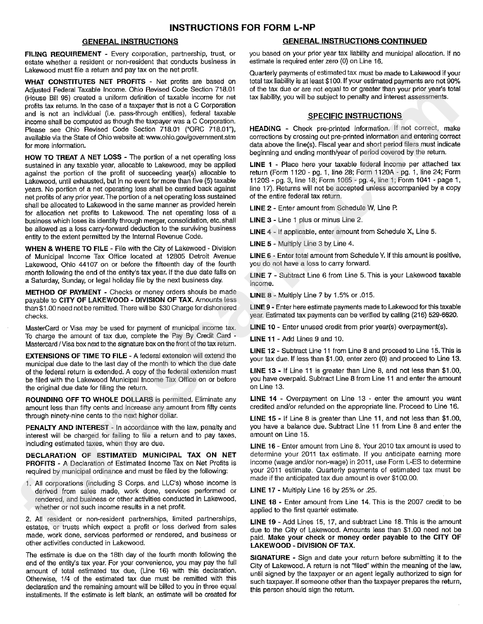 Instructions For Form L-Np printable pdf download