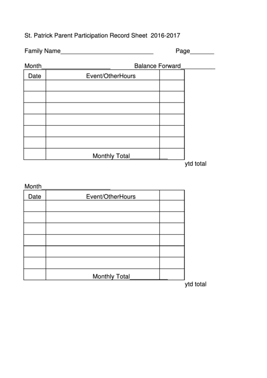 Parent Participation Record Sheet Printable pdf