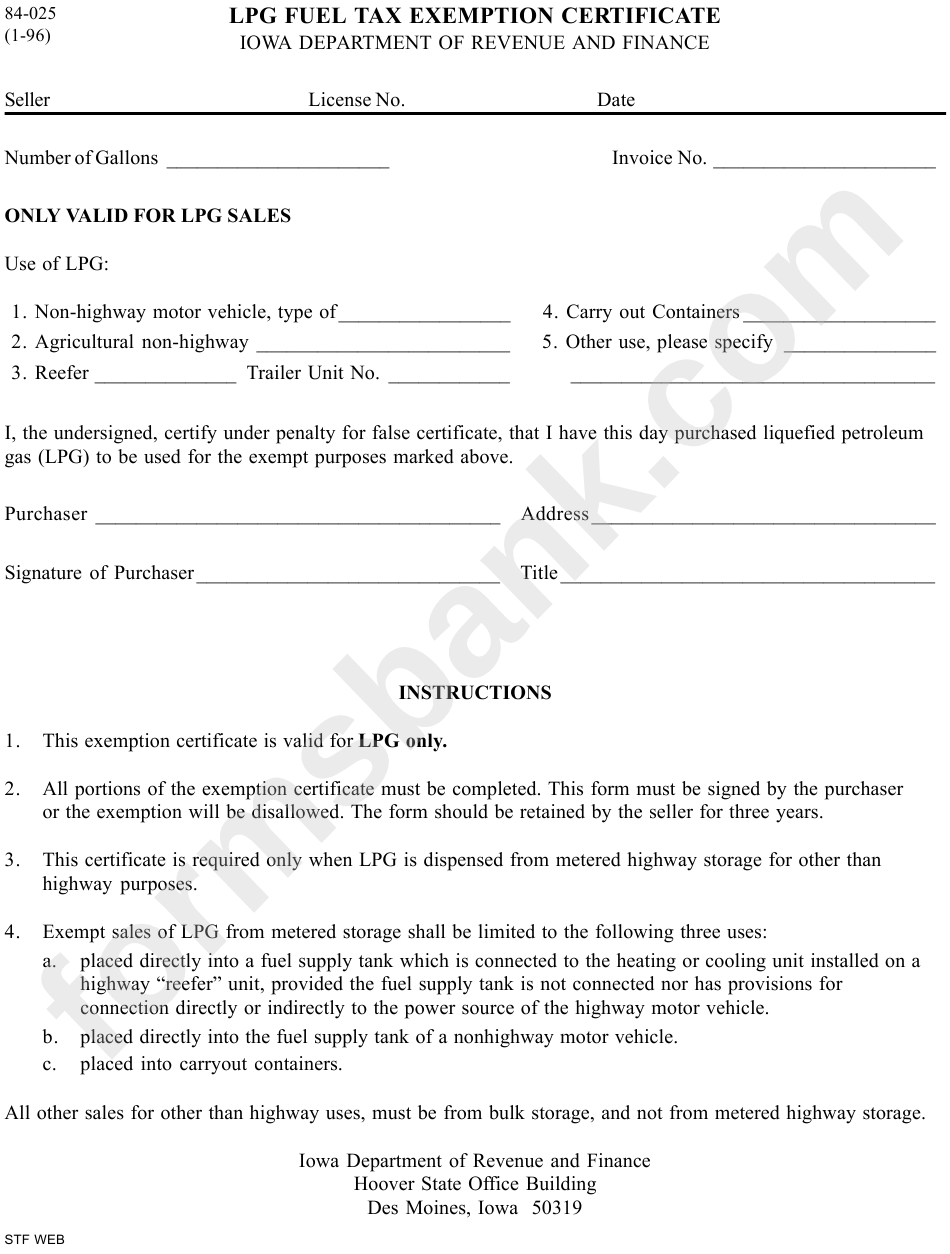 Form 84-025 - Lpg Fuel Tax Exemption Certificate