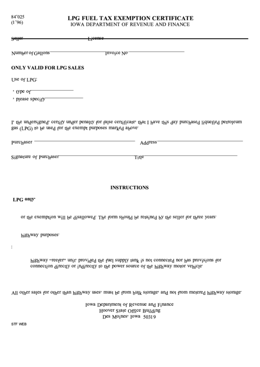 Fillable Form 84-025 - Lpg Fuel Tax Exemption Certificate Printable pdf