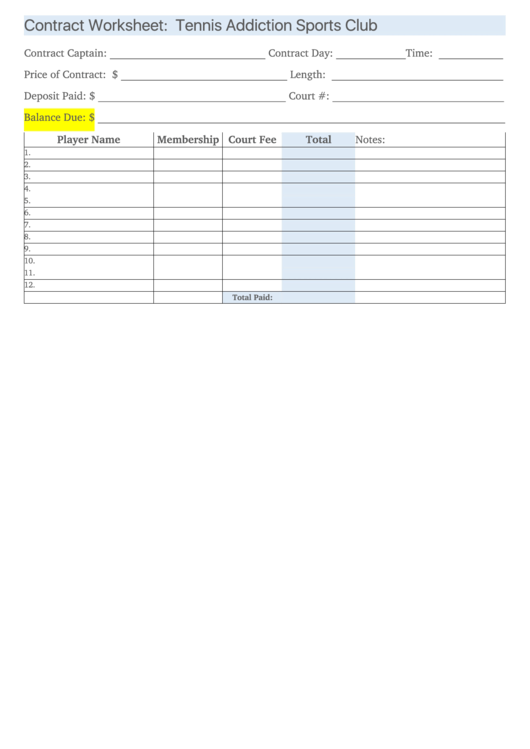Contract Worksheet For Sports Club