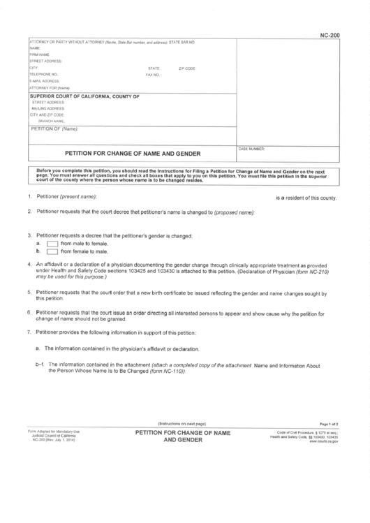 Form Nc-200 - Petition For Change Of Name And Gender Printable pdf