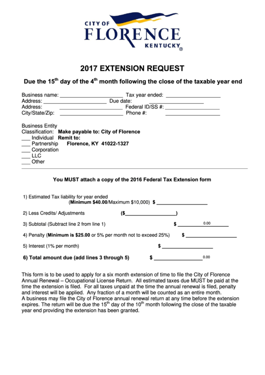 Fillable Extension Request Form - City Of Florence - 2017 Printable pdf