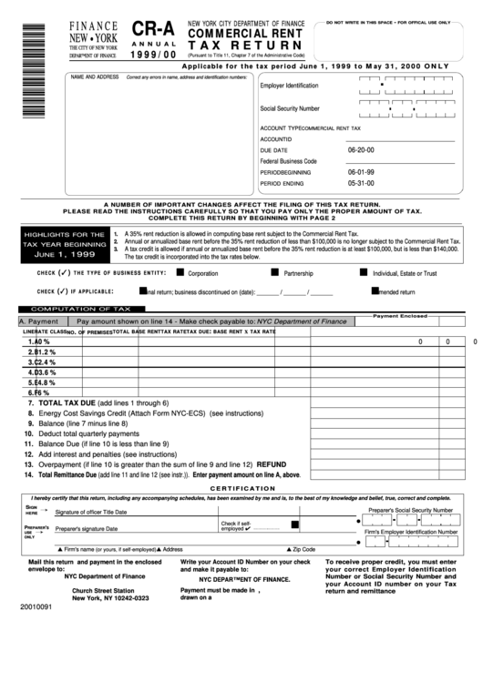 Commercial Rent Tax Return - 1999/2000 Printable pdf