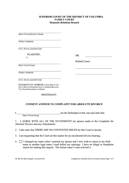 Fillable Complaint For Absolute Divorce (Consent Answer) Form Printable pdf