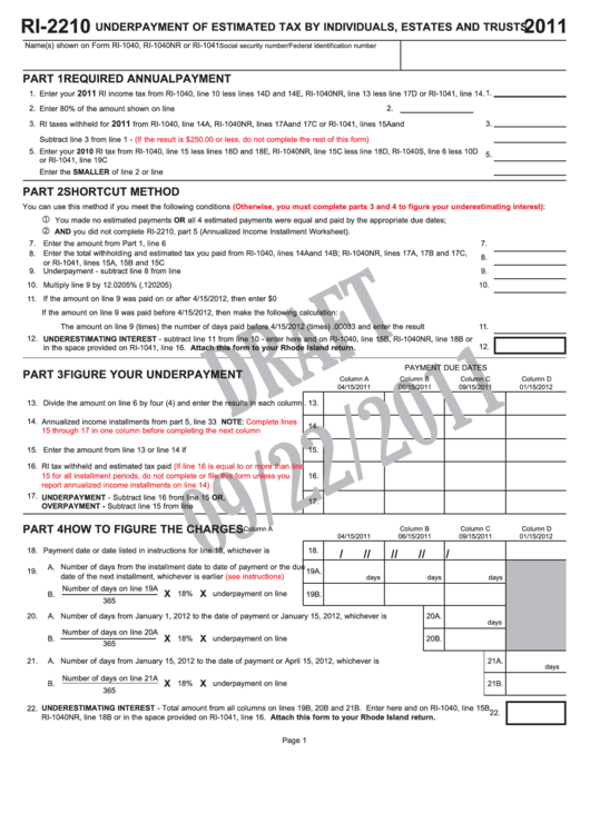 Form Ri-2210 Draft - Underpayment Of Estimated Tax By Individuals, Estates And Trusts - 2011 Printable pdf