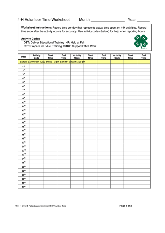 4-H Volunteer Time Worksheet Printable pdf