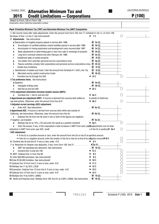 Fillable California Schedule P (100) - Alternative Minimum Tax And Credit Limitations - Corporations - 2015 Printable pdf