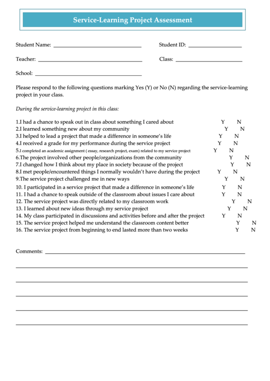 Service-Learning Project Assessment Printable pdf