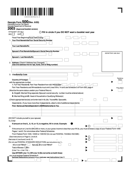 Georgia Form 500 Individual Income Tax Return 2003 Printable Pdf Download