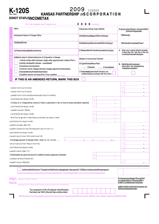 Fillable Form K-120s - Kansas Partnership Or S Corporation Income Tax - 2009 Printable pdf