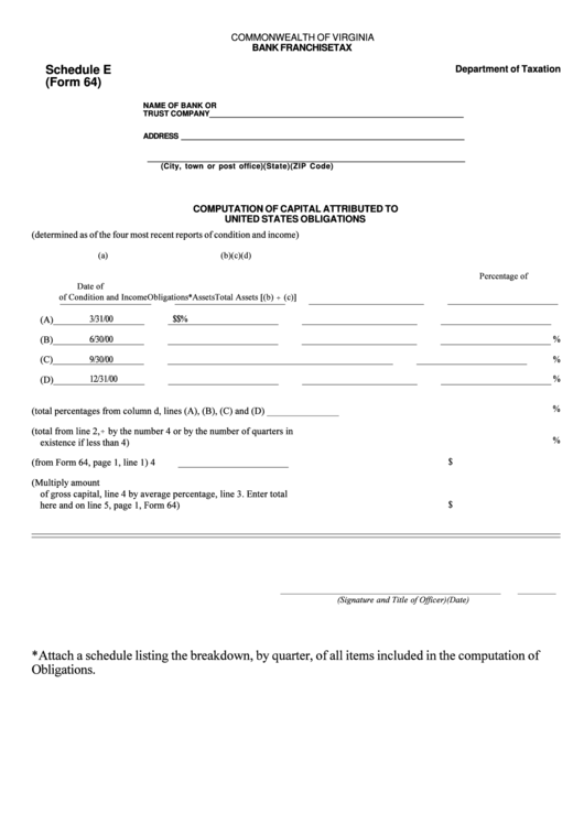 Form 64 - Schedule E - Computation Of Capital Attributed To United States Obligations - 2000 Printable pdf