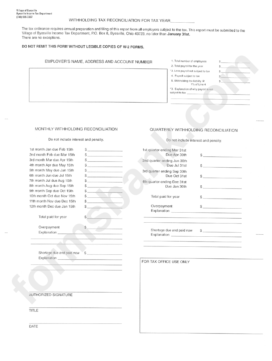 Withholding Tax Reconciliation Form - Byesville Income Tax Department
