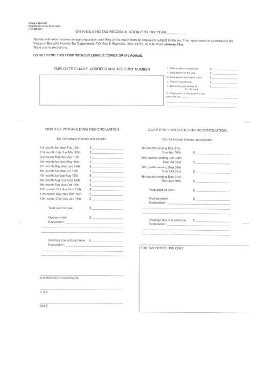 Withholding Tax Reconciliation Form - Byesville Income Tax Department Printable pdf