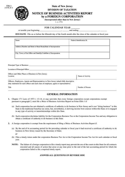 Fillable Form Cba-1 - Notice Of Business Activities Report By A Foreign Corporation Printable pdf