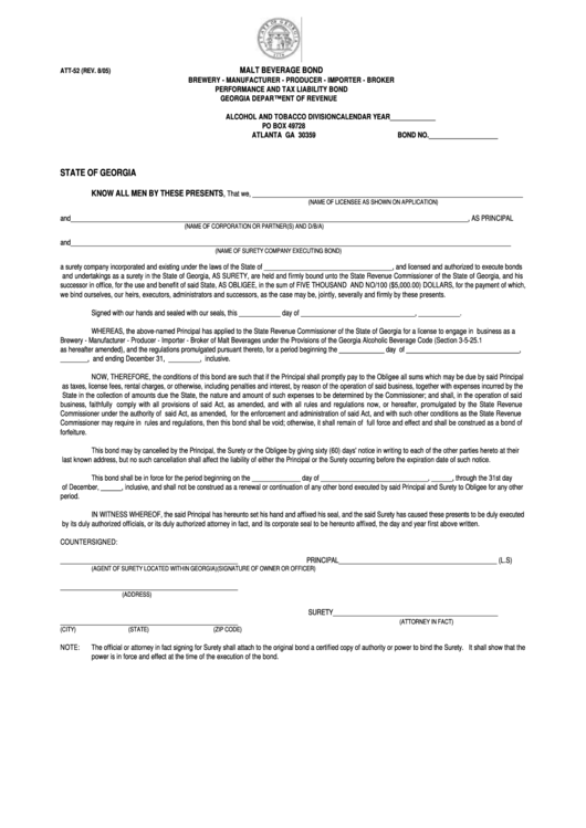 Form Att-52 - Performance And Tax Liability Bond - 2005 printable pdf ...