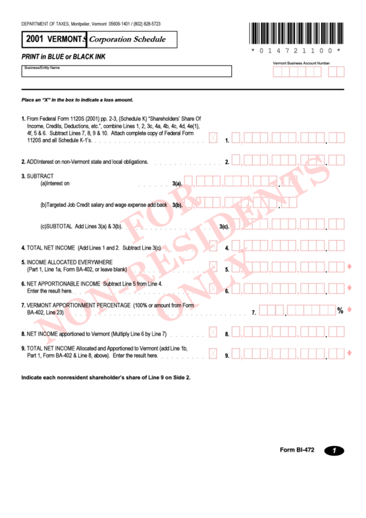 Form Bi-472 Draft - Vermont S Corporation Schedule - 2001 Printable pdf