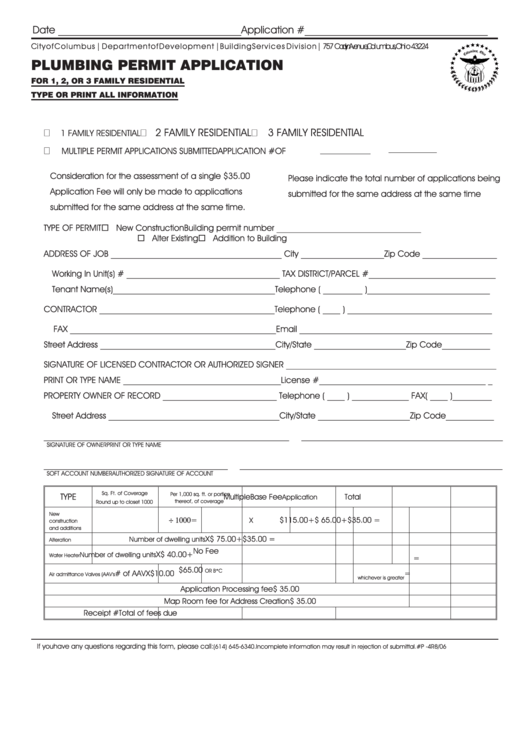Form P-4r - Plumbing Permit Application - City Of Columbus Printable pdf