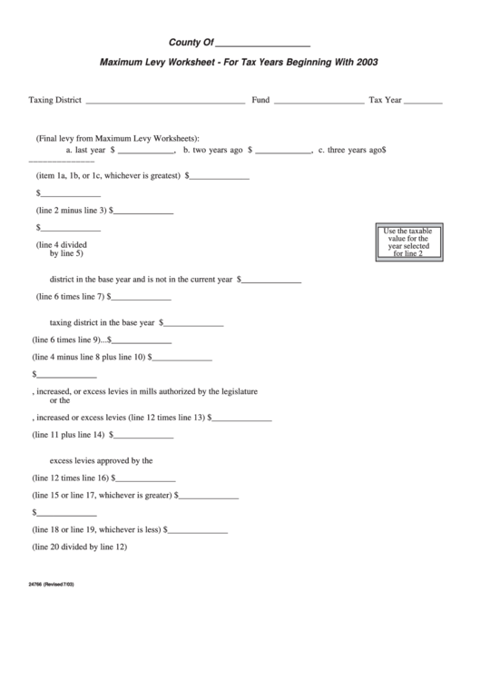 Form 24766 - Maximum Levy Worksheet - For Tax Years Beginning - 2003 Printable pdf