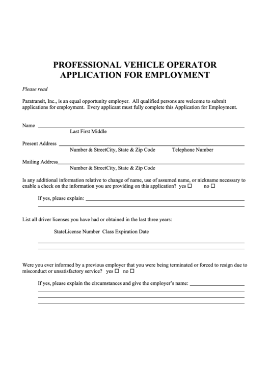 Professional Vehicle Operator Application For Employment Printable pdf