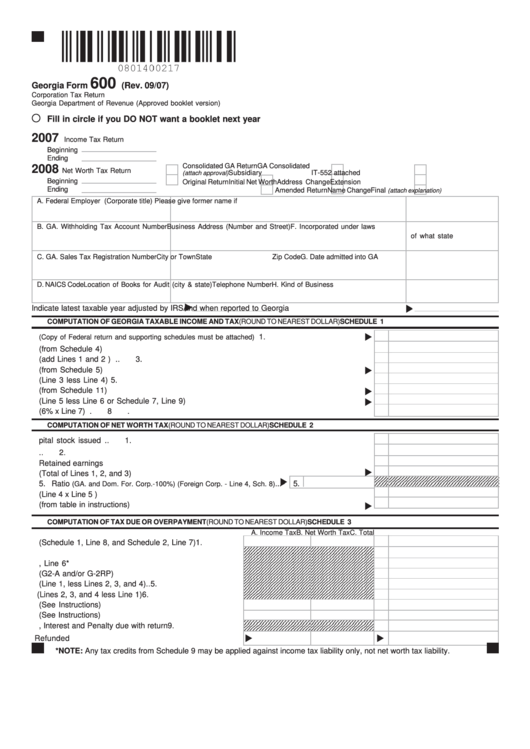 Georgia Form 600 - Corporation Tax Return - 2007/2008 Printable pdf