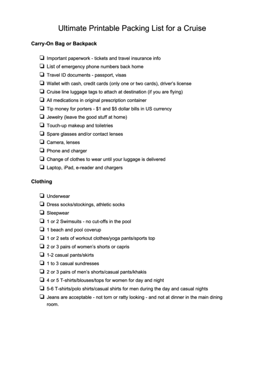 Packing List For A Cruise Printable pdf