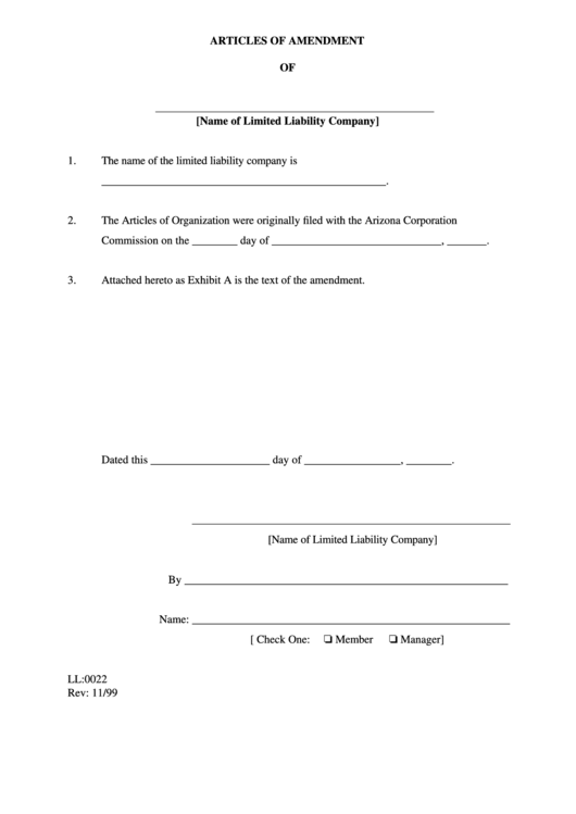 Form Ll:0022 - Articles Of Amendment - Arizona Corporation Commission Printable pdf