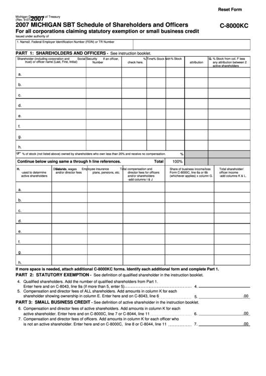 Fillable Form C-8000kc - Sbt Schedule Of Shareholders And Officers - 2007 Printable pdf