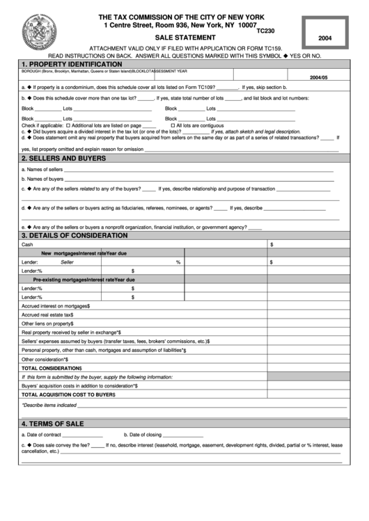 Form Tc230 - Sale Statement - 2004 Printable pdf