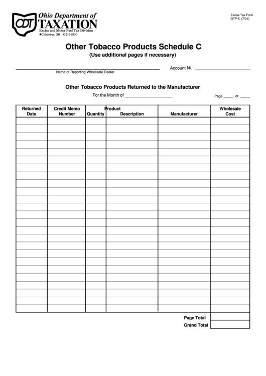 Form Otp-5 - Other Tobacco Products Schedule C Printable pdf
