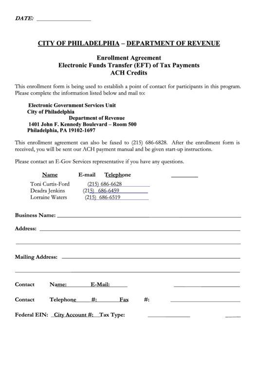Enrollment Agreement - Electronic Funds Transfer (Eft) Of Tax Payments - Ach Credits - Philadelphia Department Of Revenue Printable pdf