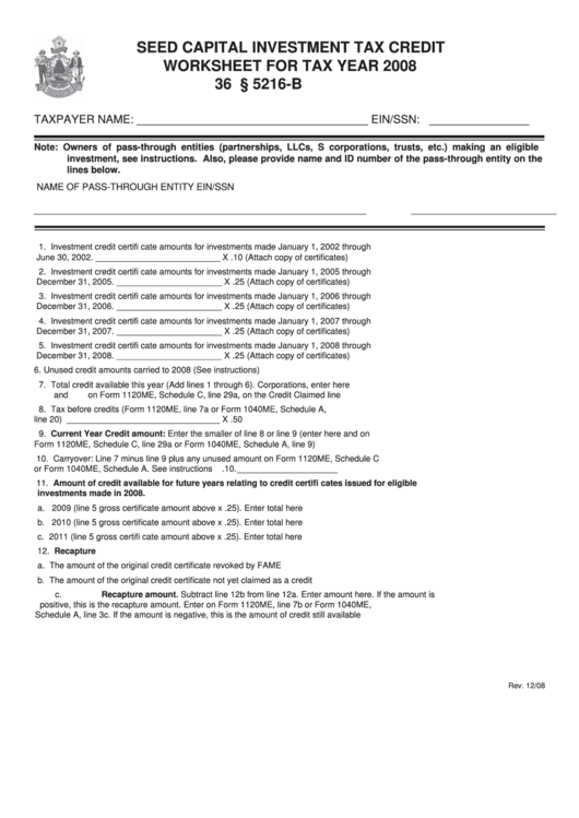 Seed Capital Investment Tax Credit Worksheet - 2008 Printable pdf